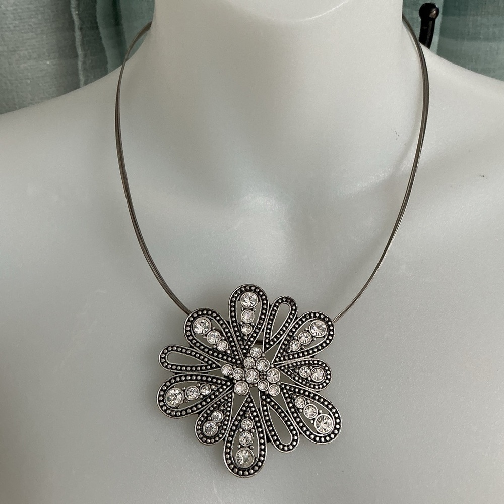Chico's Vintage Gunmetal Tone Smokey Rhinestones Flower Pendant